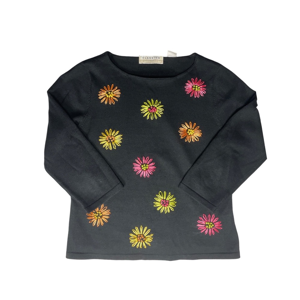 VTG Classics by Marisa Christina Black Embroidered Flower Long Sleeve Top WMN S